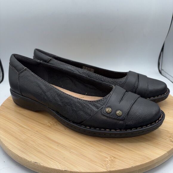 Clarks Pegg Abbie Black Leather Slip On Comfort Flats Shoes Women’s Size 10 - Picture 1 of 10